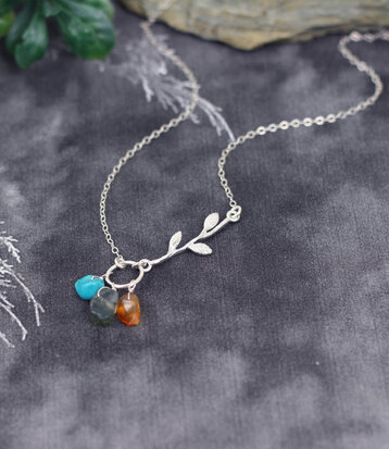 Personalized Sterling silver birthstones leaf necklace