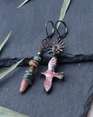 Flying bird Copper old rose earrings
