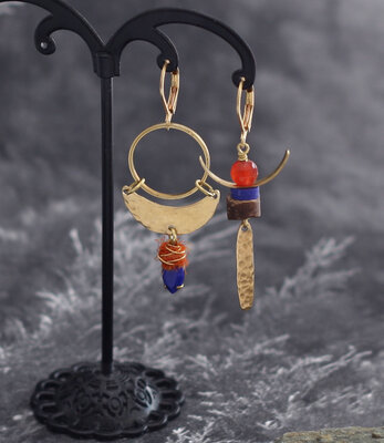 Blue orange crescent earrings