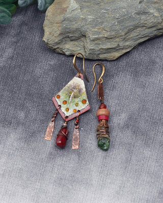 Tree of life green red earrings