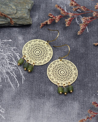 Green jade golden hoops earrings