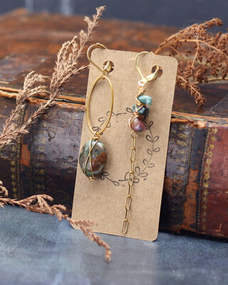 Golden green viking earrings